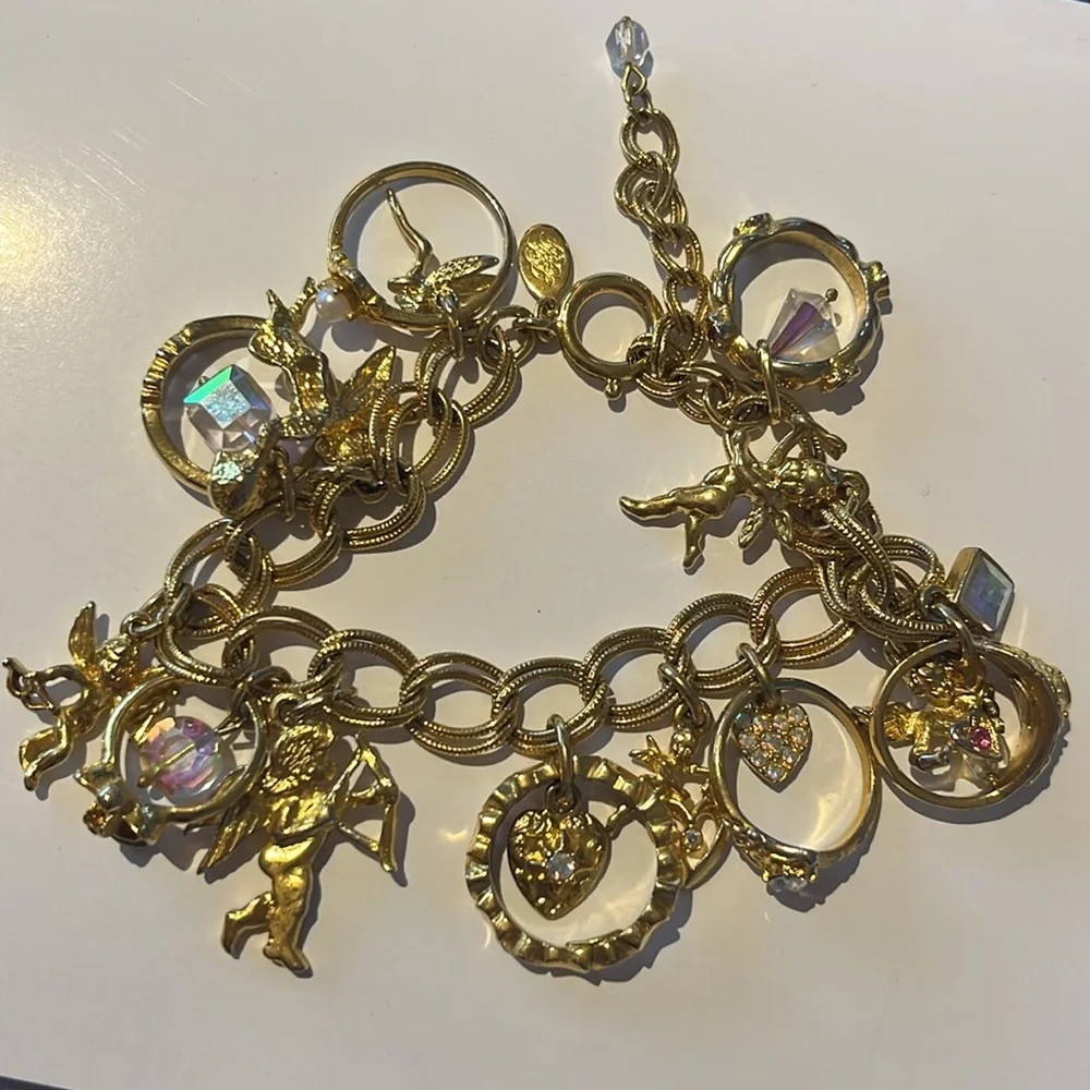 Kirks Folly charm bracelet crystal gold rings hearts cherubs dangles -Bnwot - Picture 13 of 15